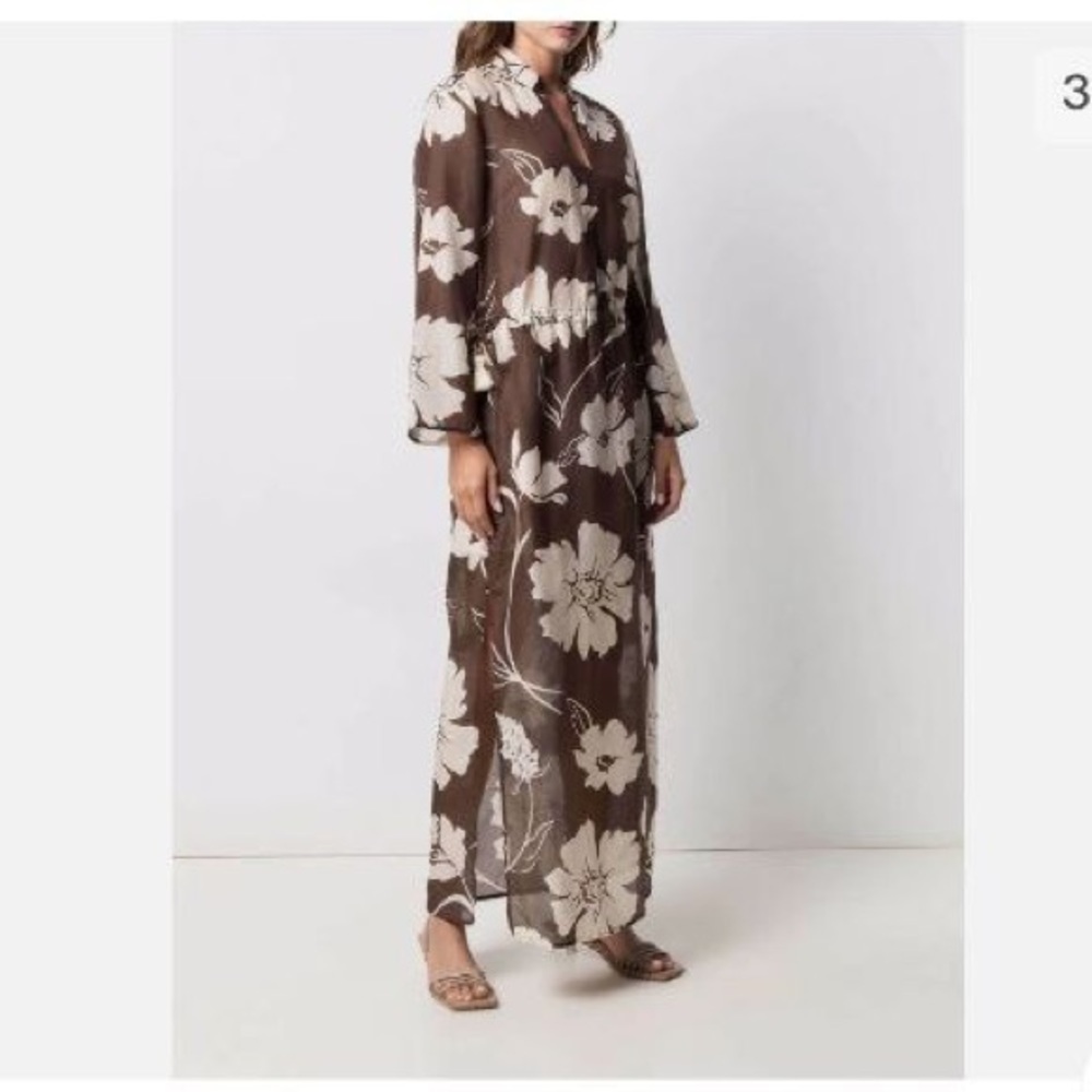Tory Burch Printed Silk Tunic Collar Brown Daisy Dress sz L RARE no belt - Picture 4 of 10